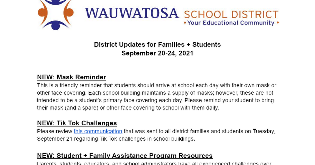 District Updates for Families + Students 092421