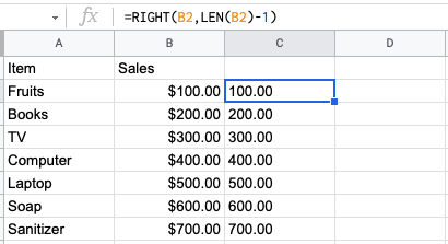 remove dollar sign in google sheets using custom formula