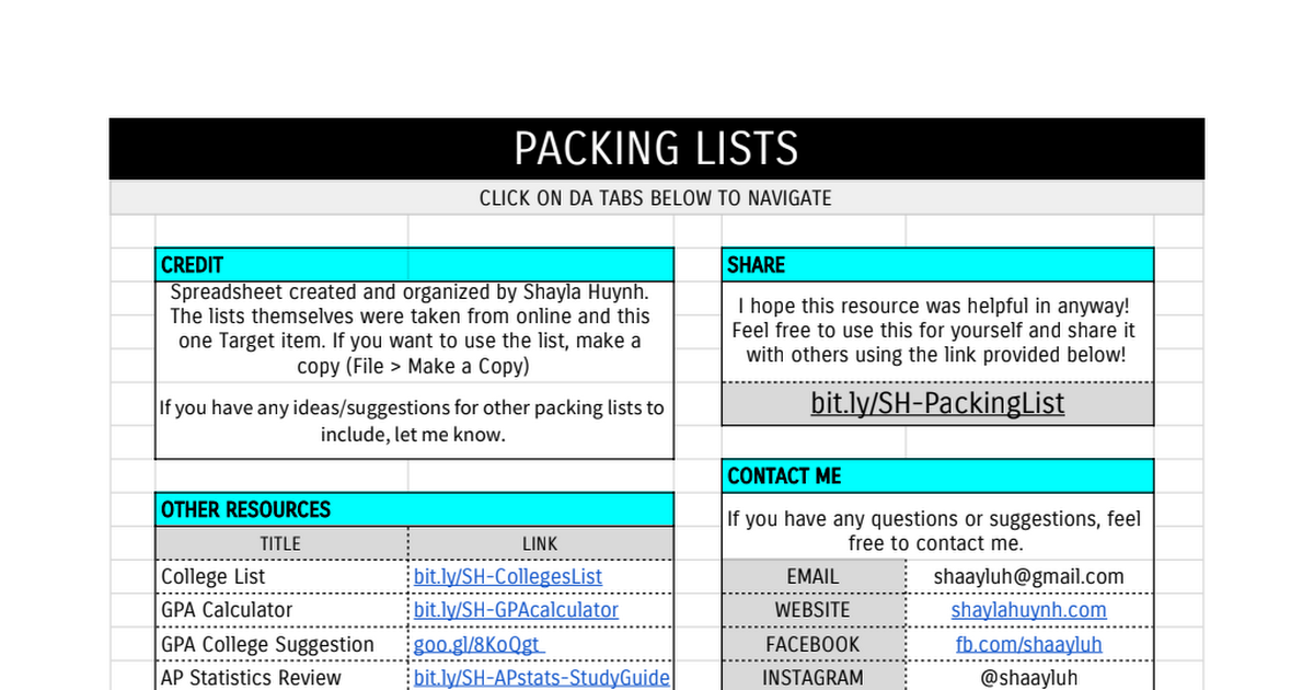 Packing List Google Docs Template