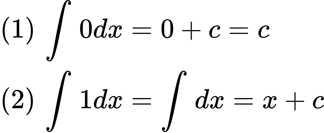 {"id":"5","code":"\\begin{align*}\n{\\left(1\\right)\\,\\int_{}^{}0dx}&={0+c=c}\\\\\n{\\left(2\\right)\\,\\int_{}^{}1dx}&={\\int_{}^{}dx=x+c}\t\n\\end{align*}","type":"align*","font":{"size":10,"family":"Arial","color":"#000000"},"ts":1599477806288,"cs":"+6rJMx6QLj3dOXuQYMFzKA==","size":{"width":184,"height":76}}