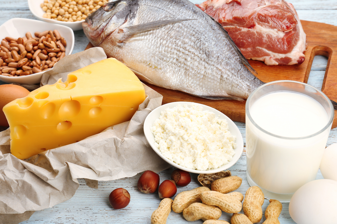 Food high in protein on table, close-up