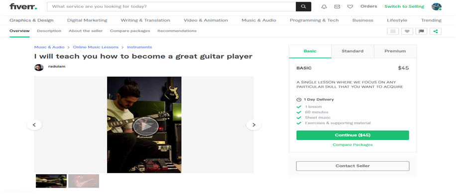 Fiverr page showing guitar freelancing ad