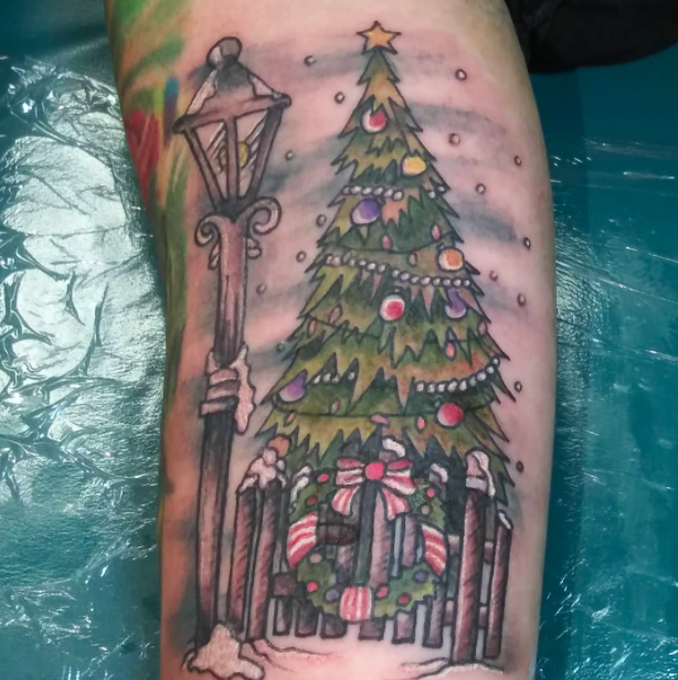 Christmas Tree with Lamp Post Tattoo