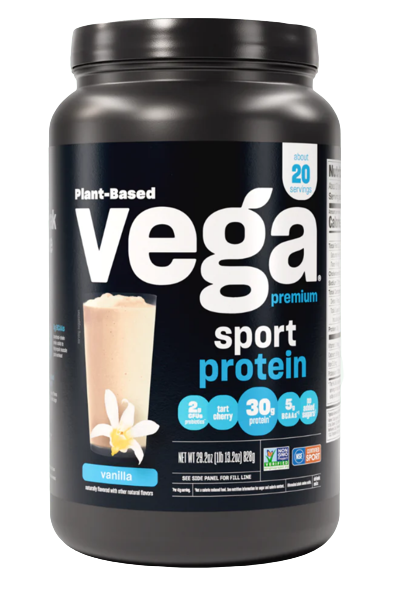 Tub of Plant based Vega Premium sport protein