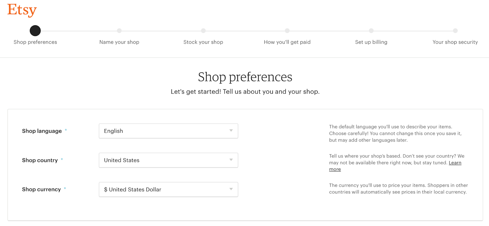 Shop preferences page on Etsy