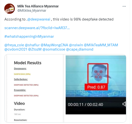 Screenshot of account from Myanmar sharing screenshot of deepfake detector results on video of ex-minister's confession.