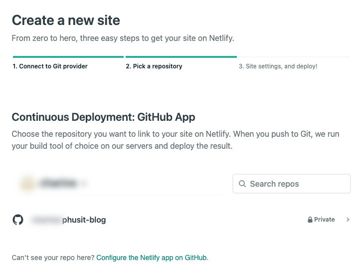 5. เลือก Repo สำหรับสร้างเว็บไซต์