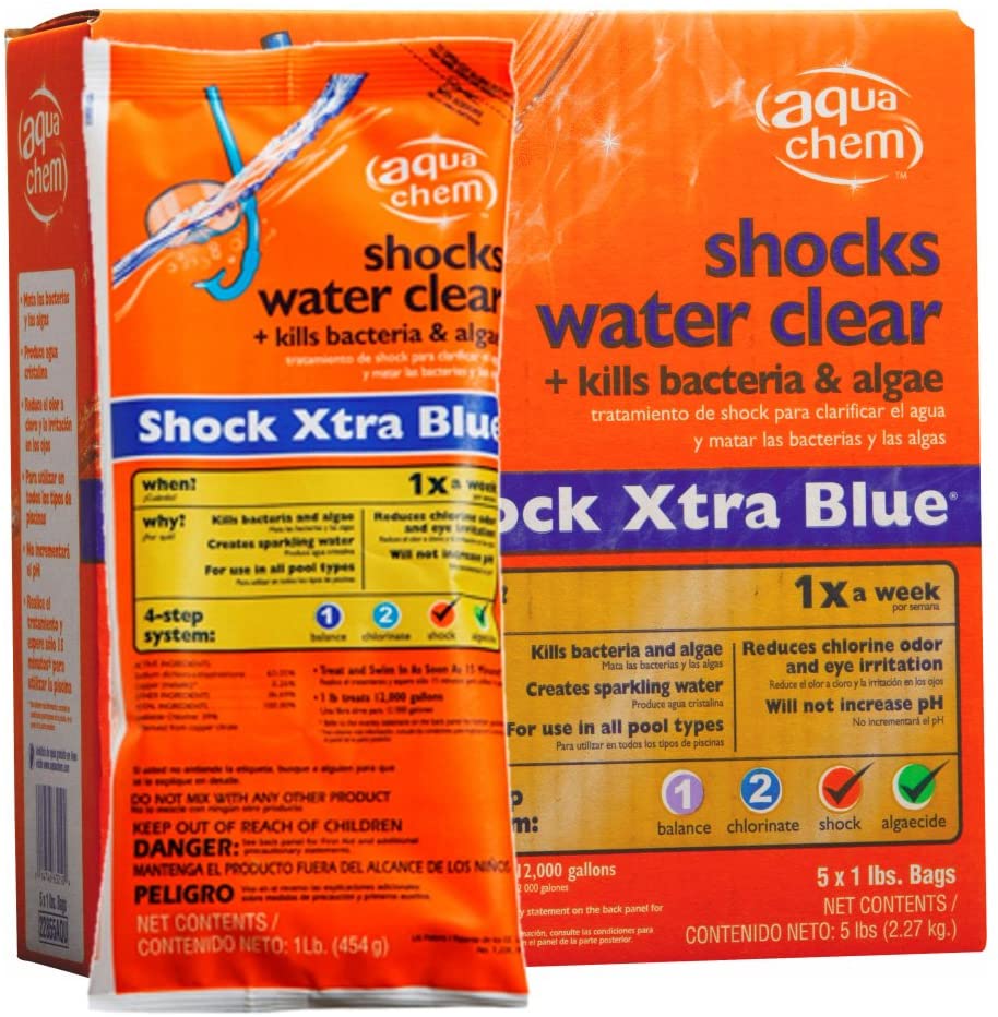 an orange box of Aqua Chem shock xtra blue for swimming pools