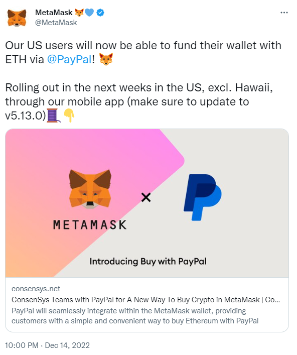MetaMask Now Allows Users to Buy ETH via PayPal Integration
