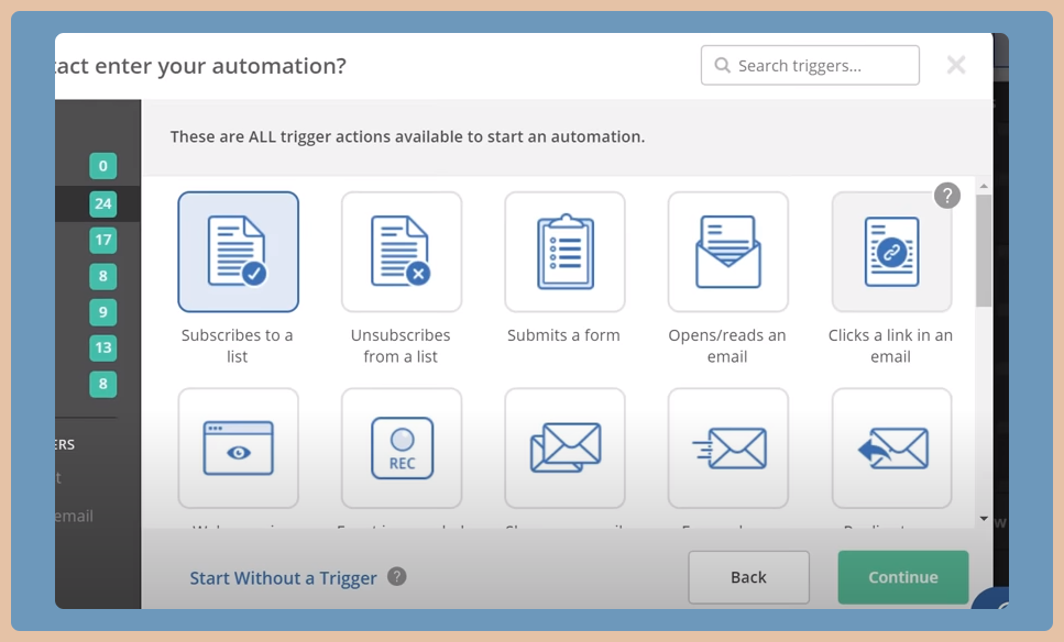 a screenshot of all available trigger action options on ActiveCampaign 