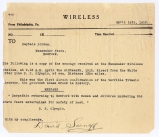 Telegram regarding the Titanic disaster signed by Sarnoff, April 16, 1912