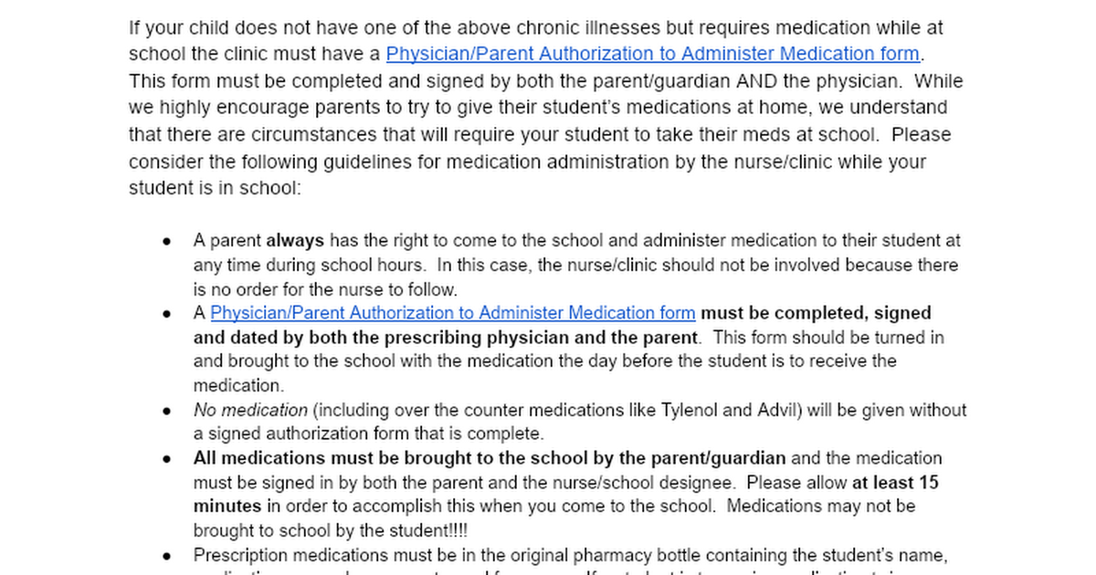 Medications and Actions plan on school- parent guide