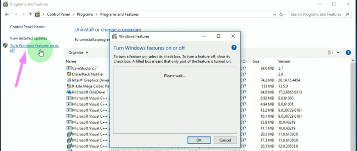 turn on or off windows features