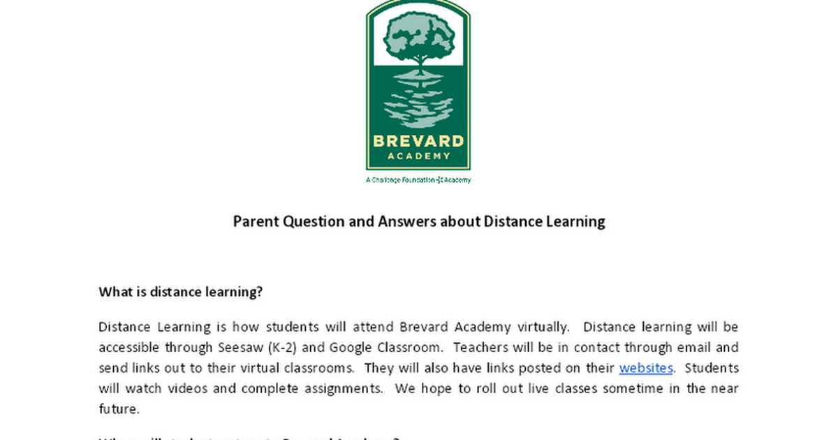 Brevard Academy Distance Learning Plan and Parent FAQs Introduction