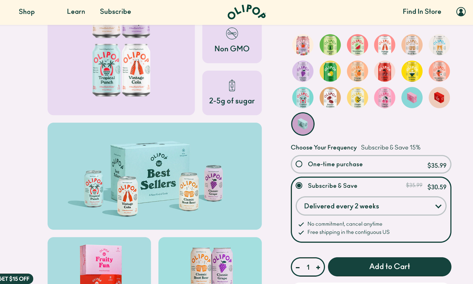 Screenshot of Olipop's product bundle landing page where users can select flavors and if they want to subscribe and save.