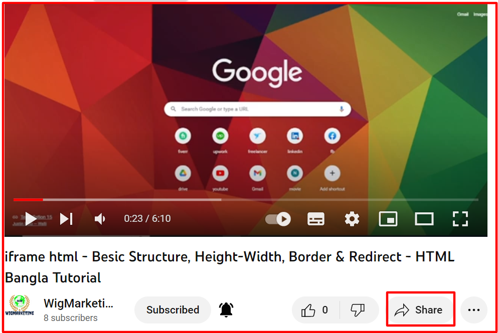 যে কোন ইউটিউব ভিডিও ‘’Share’’ অপশনে ক্লিক করার ছবি