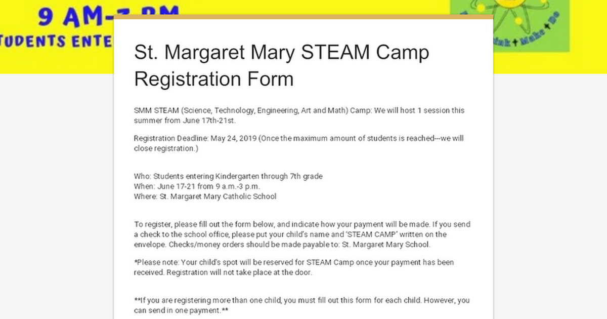 St. Margaret Mary STEAM Camp Registration Form