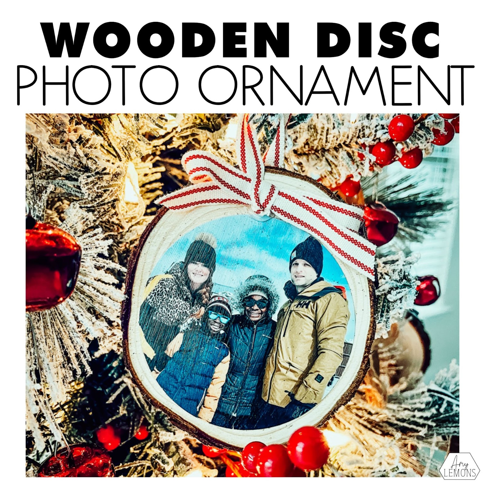 Photo Christmas ornament with a family  picture glued to a wooden disc.