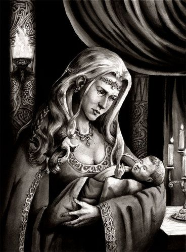 This artwork shows Frigg cradling her sleeping infant Baldr.
