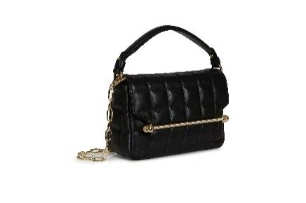 A black leather purse with gold chains

Description automatically generated