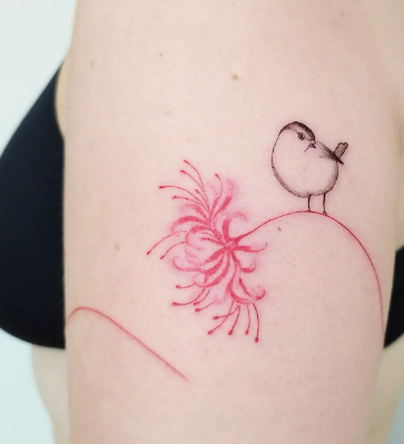 Sparrow On A Red Line Arm Band Flower Tattoo