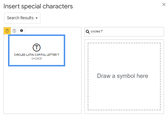searching for Circled T symbols text in special characters in google docs