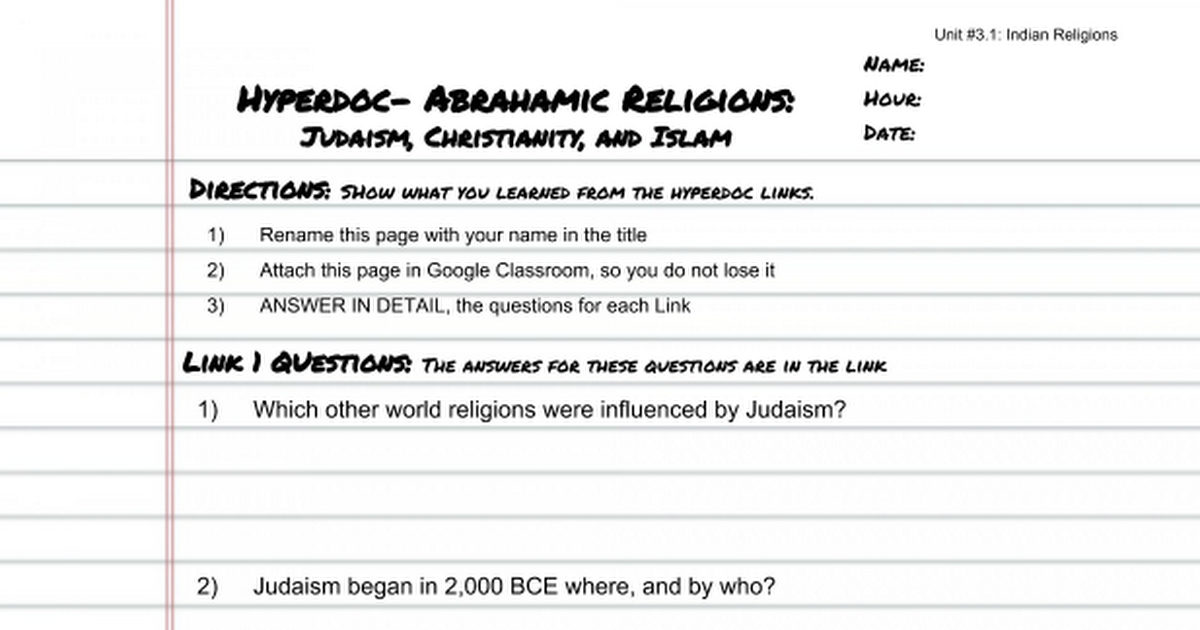Abrahamic Religions Hyperdoc Questions