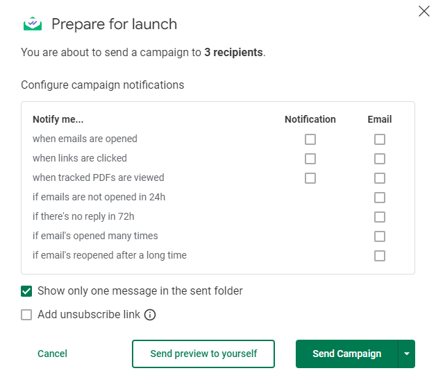 Setting notifications for a mail merge campaign with Mailtrack