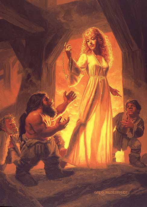 In the illustration, Freya is depicted wearing a white nightgown and holding the Brisingamen while three dwarves stand around her.