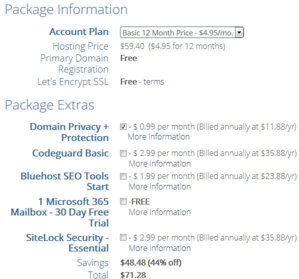Bluehost package form 