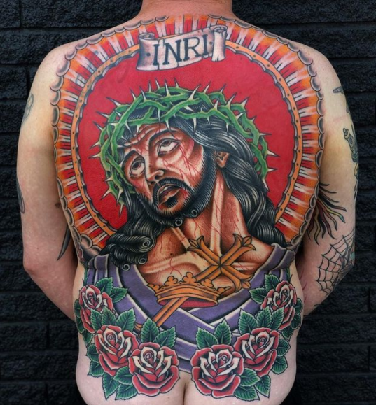 Religious Tattoo On Full Back Image