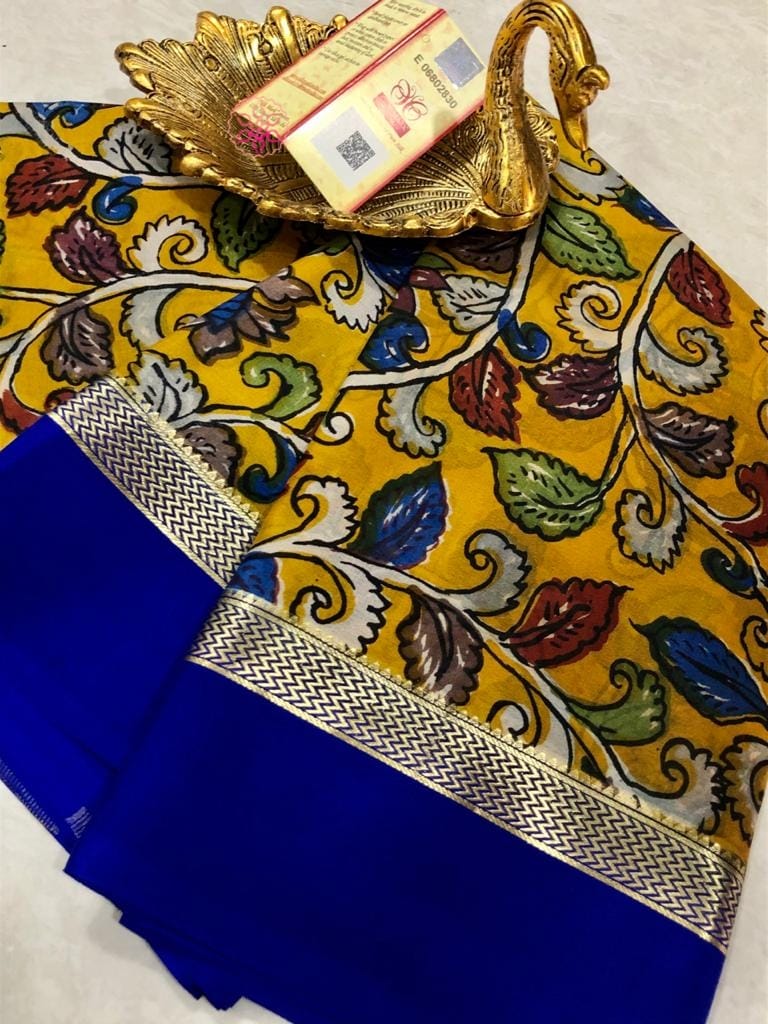 Mysore silk kalamkari printed crep silk saree