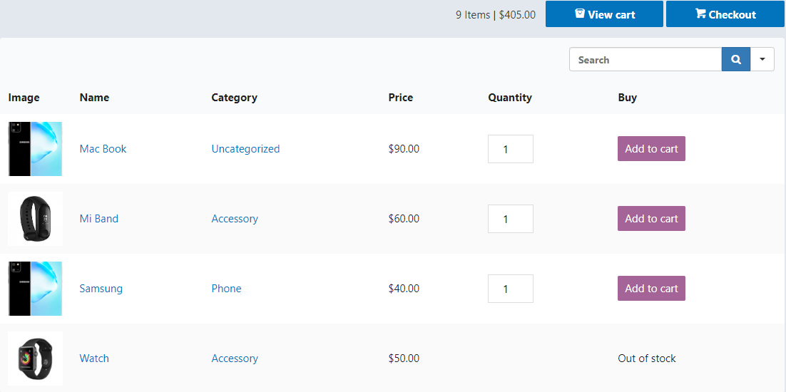 WooCommerce product table