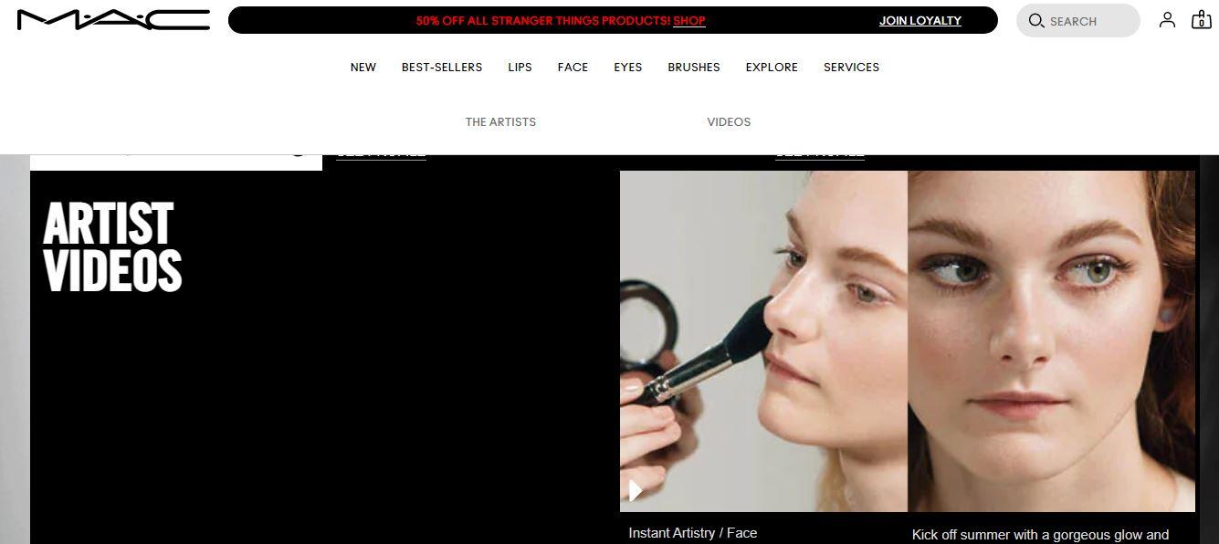 Screenshot of MAC artistry page