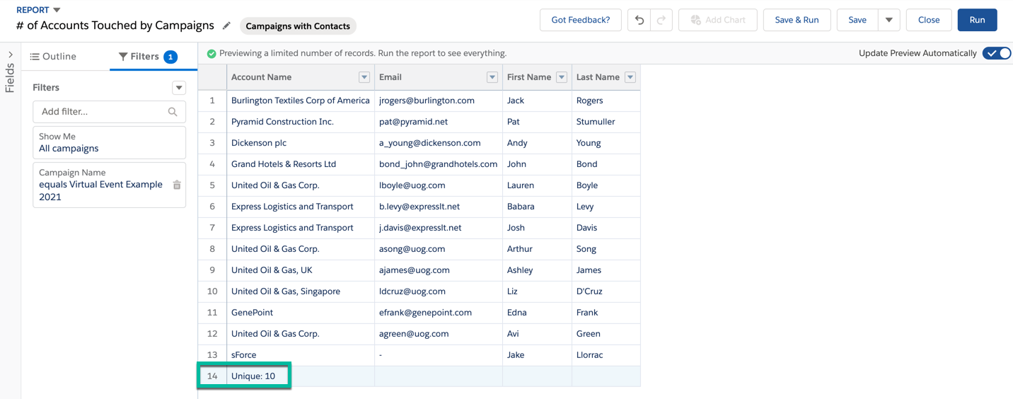 show unique count option for the account column