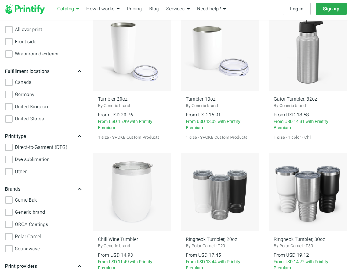 Printify's catalog of print on demand tumblers