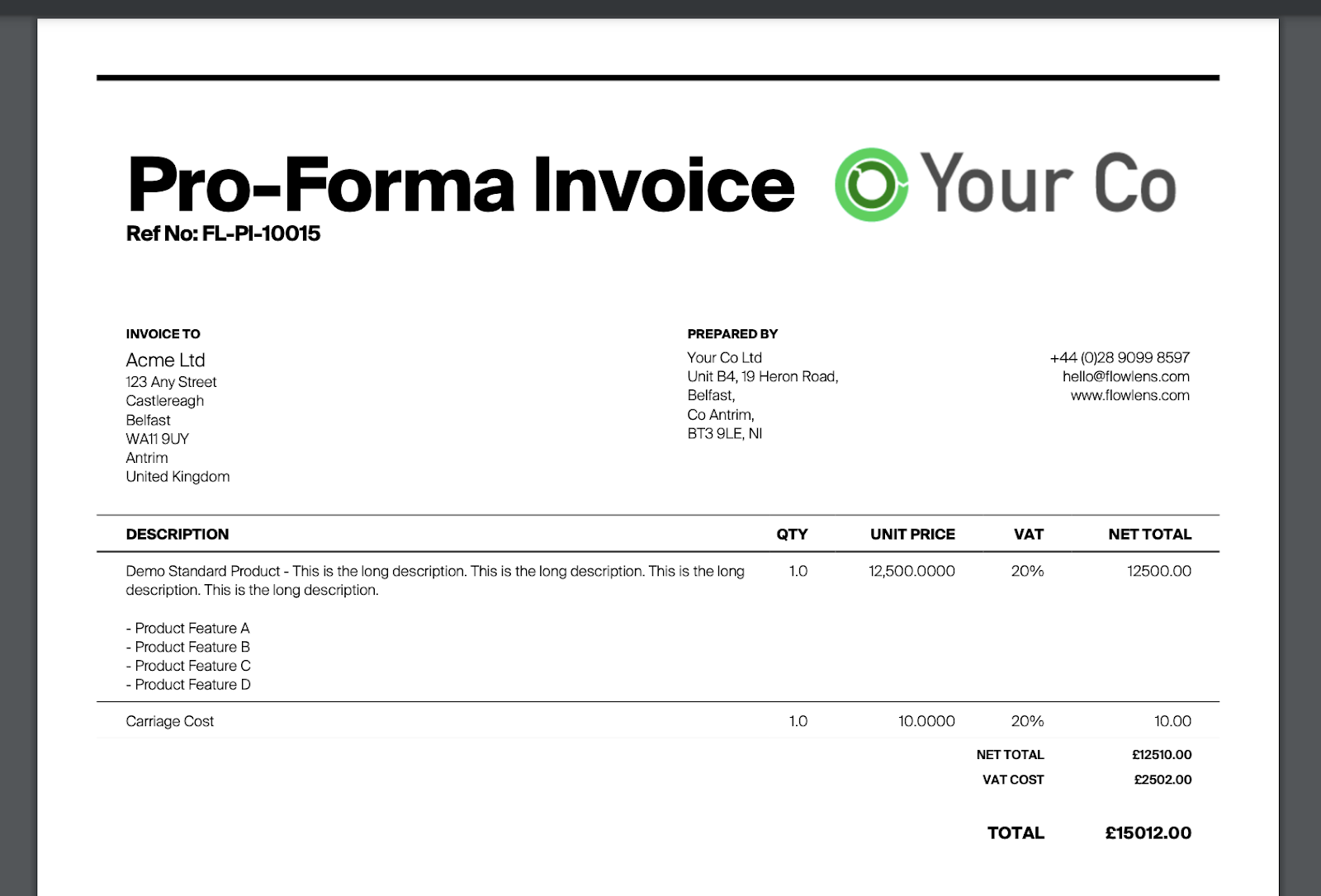 Flowlens Pro-Forma invoice example works with Xero, QuickBooks Online and Sage 50.