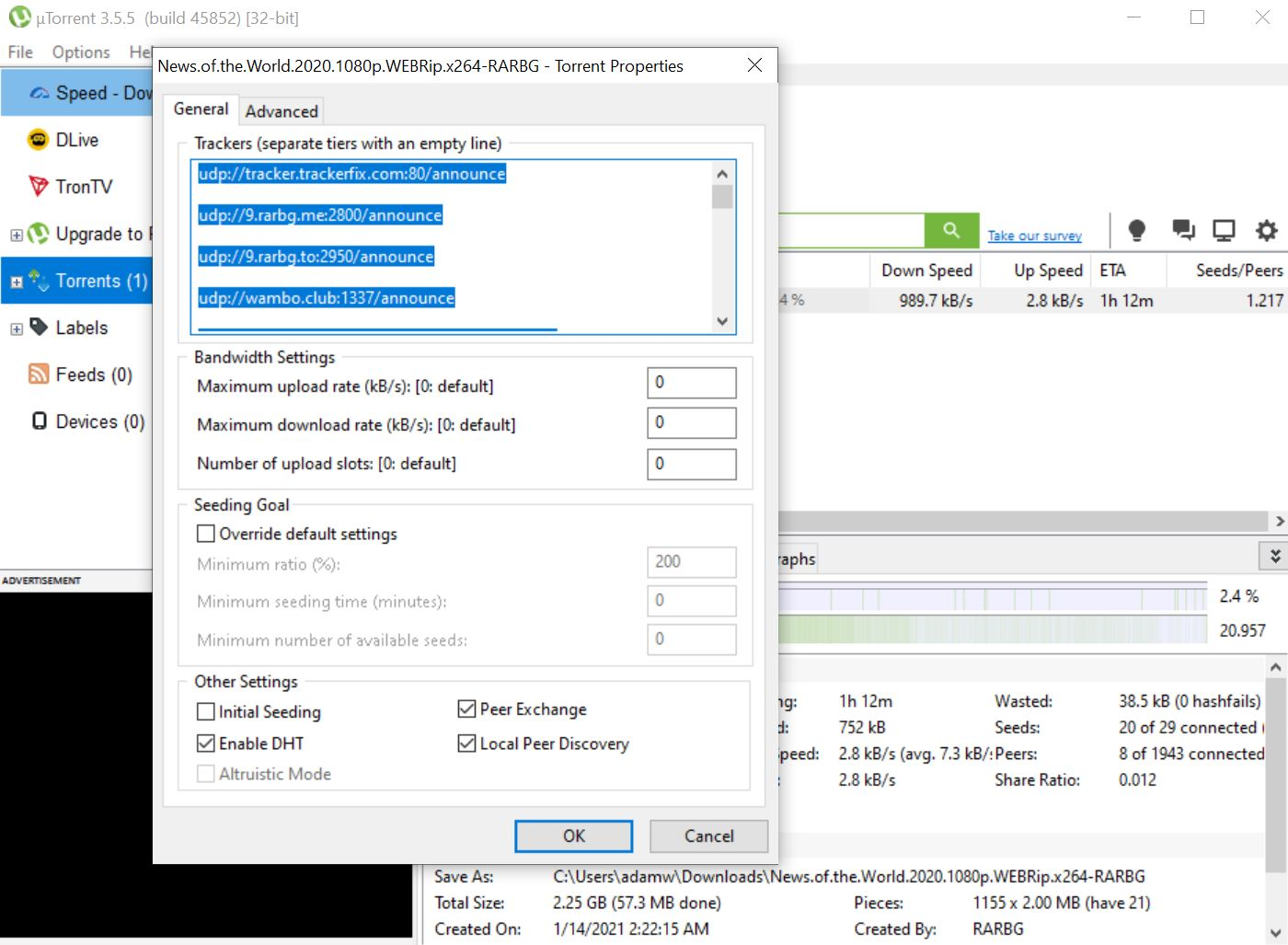 uTorrent tracker settings screen