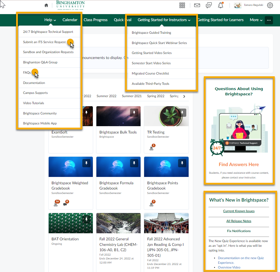 This image displays Binghamton's Brightspace Home page with Help options circled: Help Menu, getting started for instructors, and ask questions here.