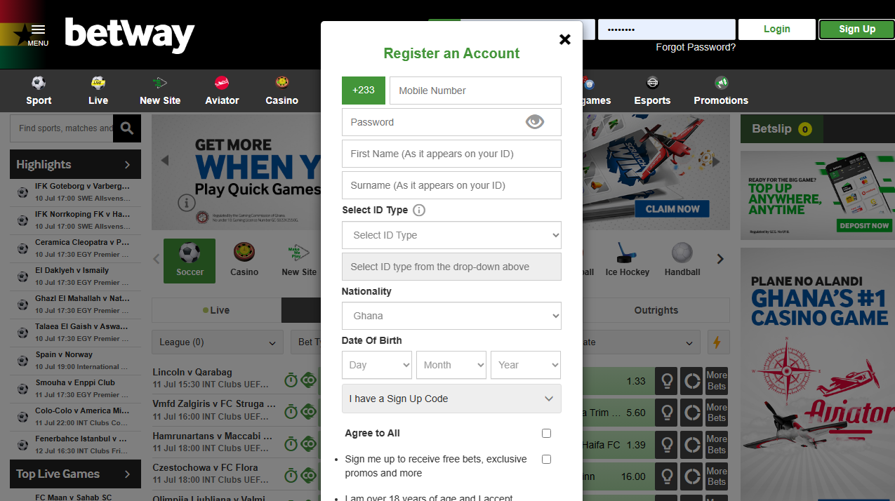 BetWay Sign Up Form