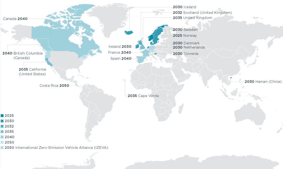 Pays ayant défini une date pour la fin de la production de voitures à moteurs de combustion interne 