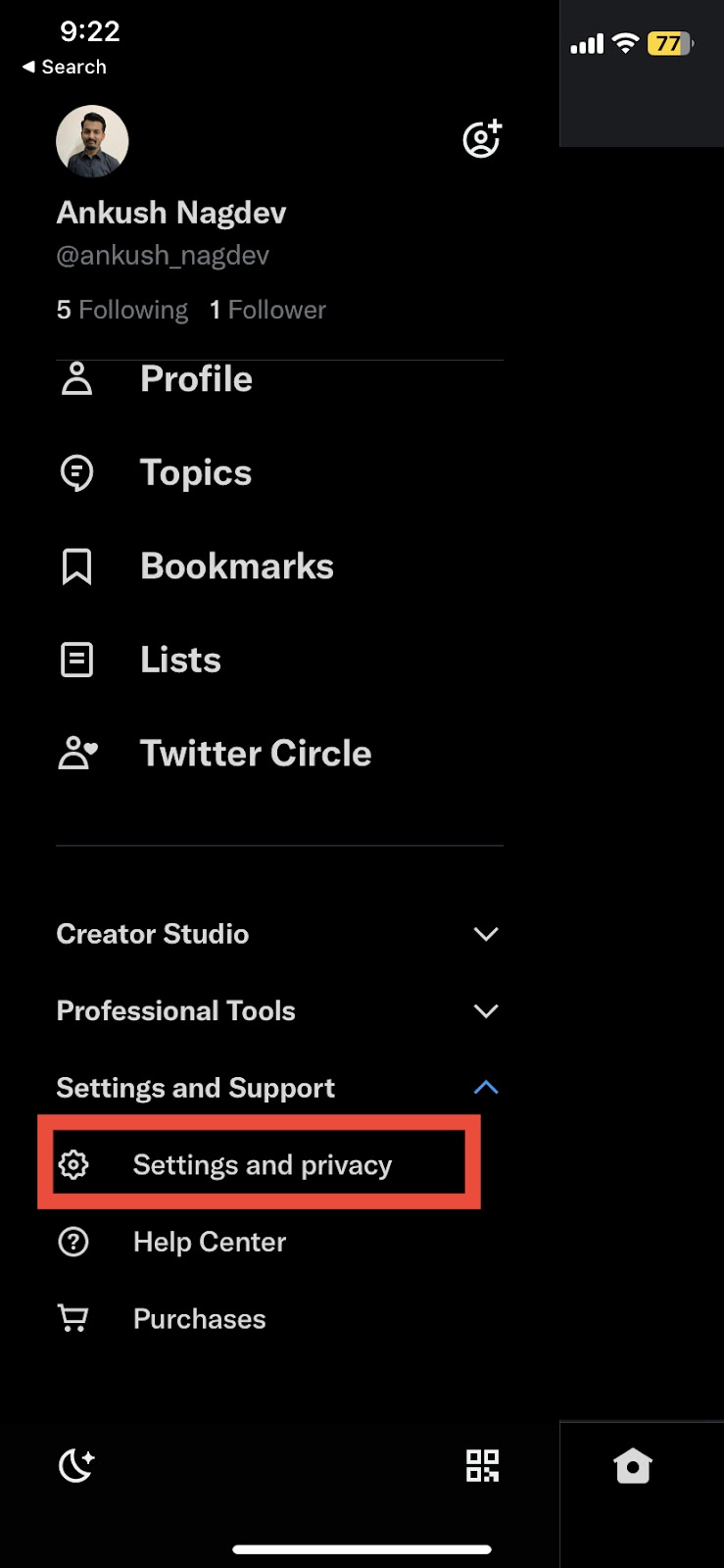 Swipe down and select the settings and support option.