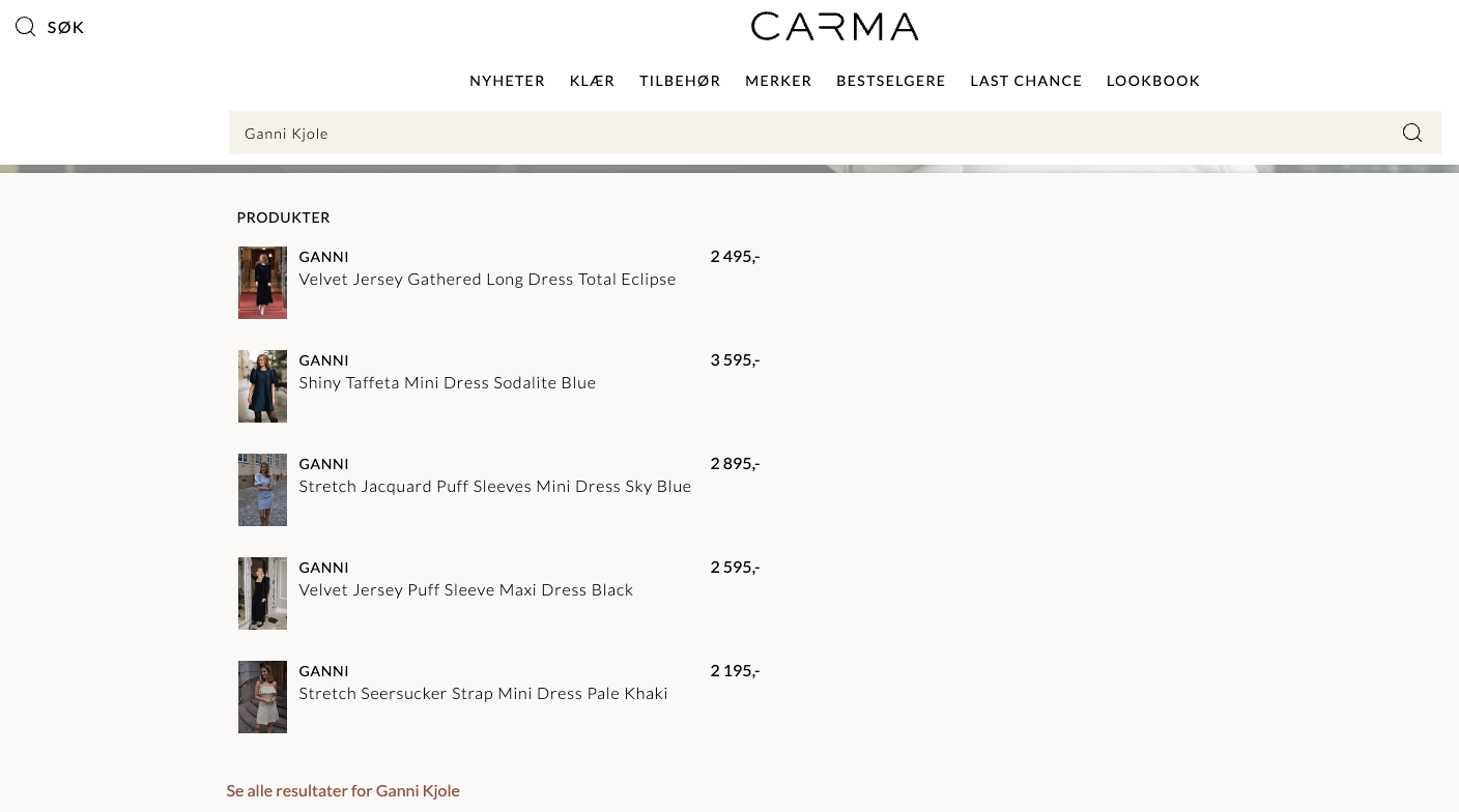 Et bilde som viser søkefunksjonen i nettbutikken til Carma.