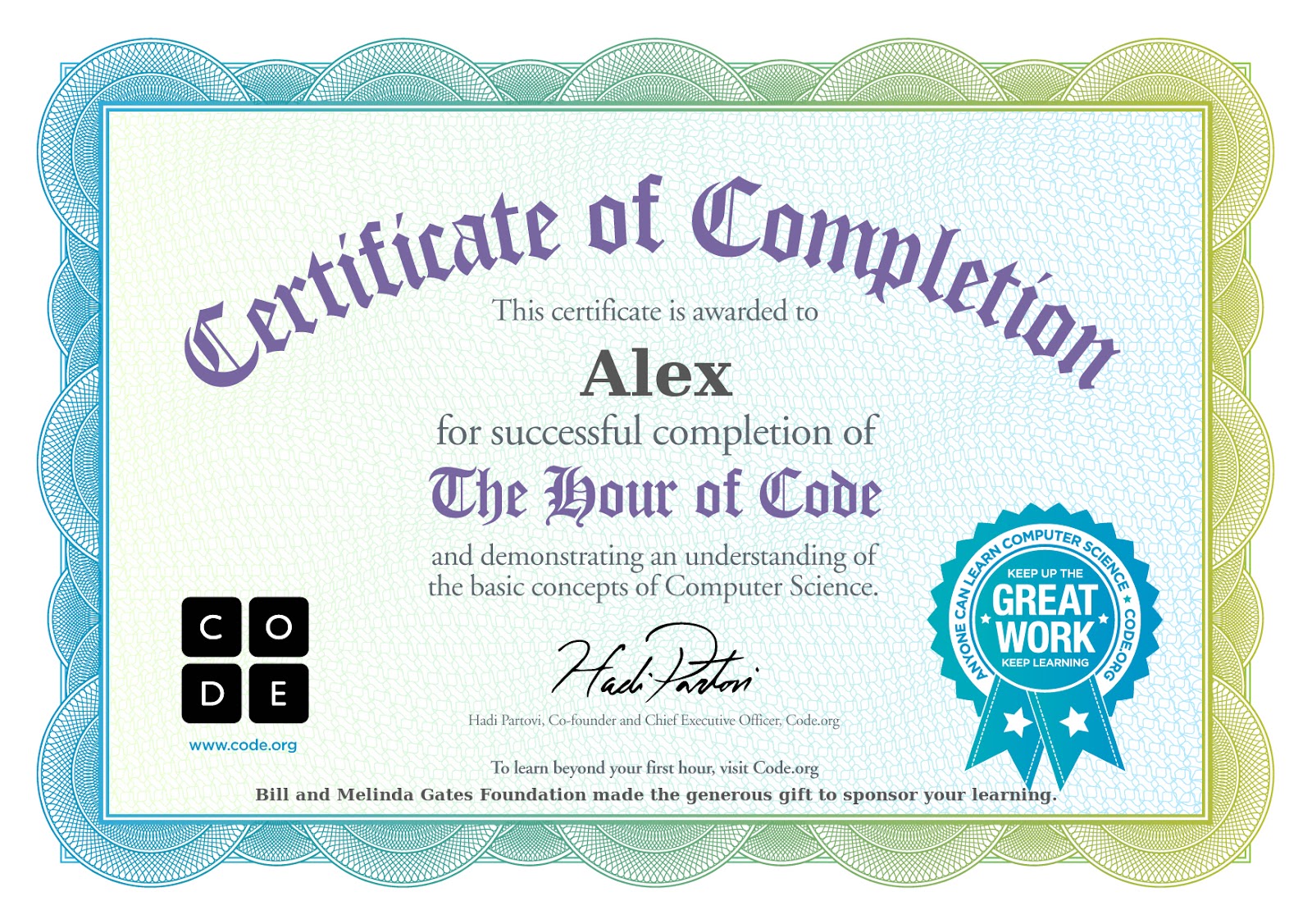 Certificate for Alex