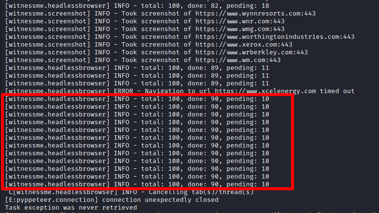 I gave WitnessMe the task of processing 100 screenshots across 10 threads. Similar to my experiences with EyeWitness, when the tool encountered an error things started to break. During my tests, WitnessMe hung during execution when it encountered an error and did not proceed with the rest of the scan unless the execution flow was manually interrupted. Screenshot by White Oak Security