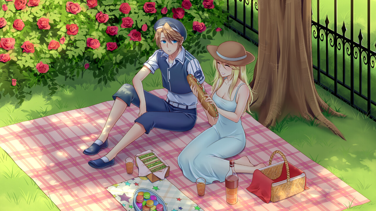 Two characters sharing a picnic in a park.