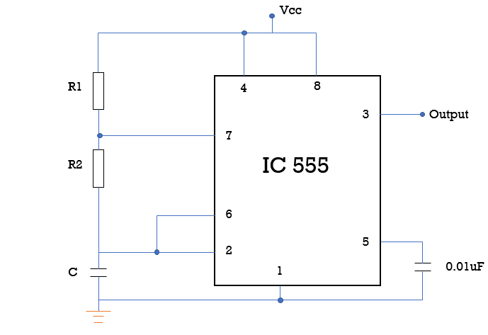 IC 555 Timer Astable Mode Circuit Diagram