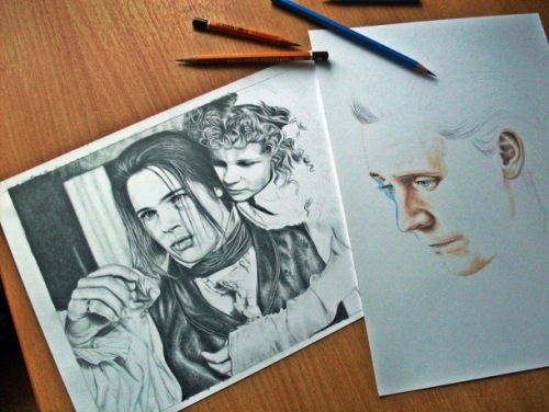 Brad Pitt and Kirsten Dunst in 'Interview with the Vampire'. Pencil drawing by Russian artist Natasha Kinaru