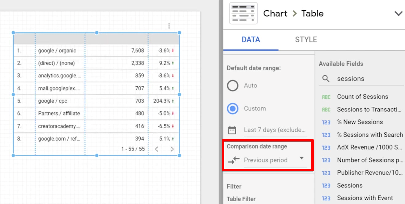 Adding a comparison date range to a chart on data studio
