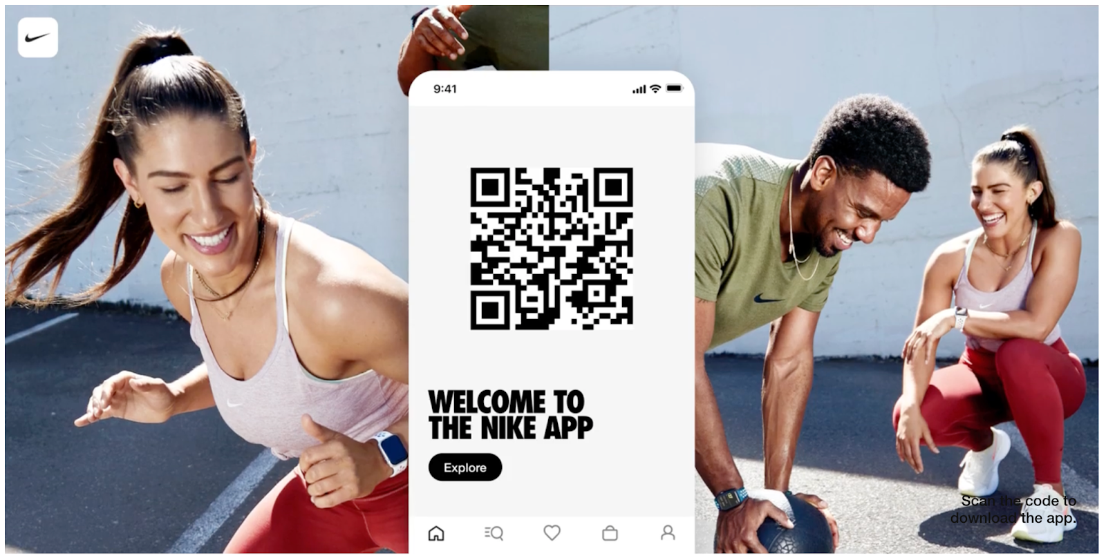 A screenshot from the Nike App explainer page with an iPhone showing a QR code linking to the Nike App, and images of 2 people wearing Nike clothing exercising in the background.